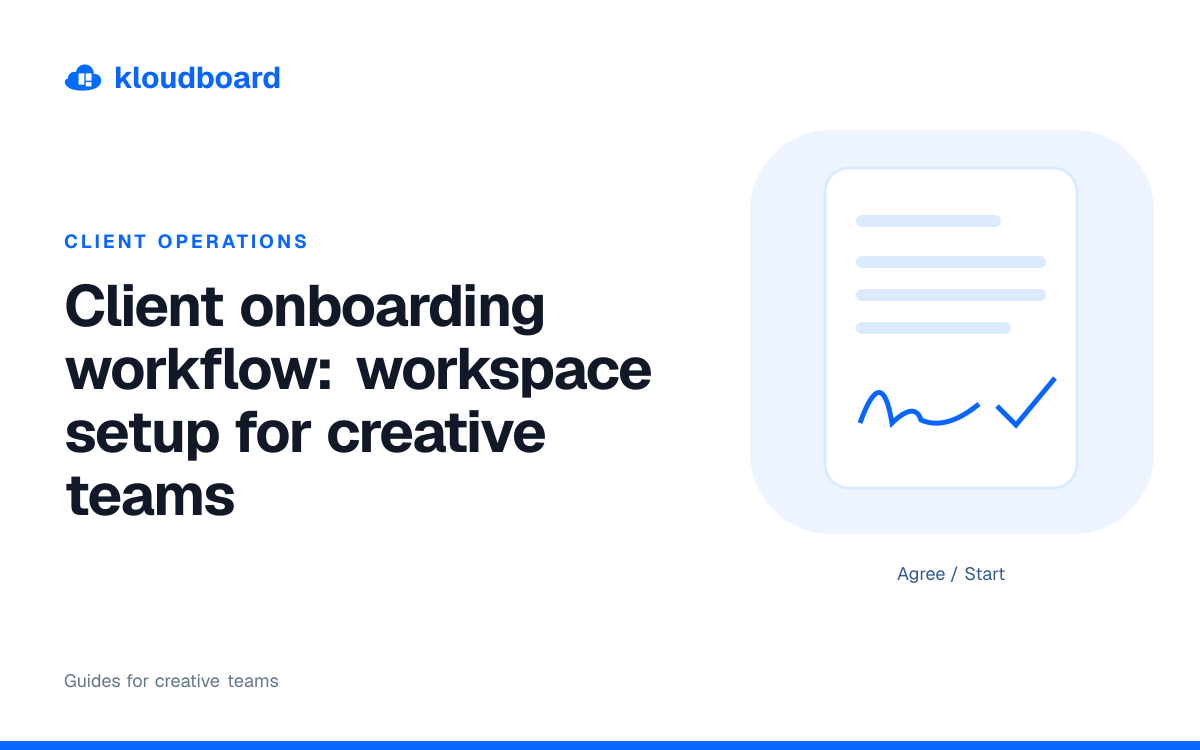 Client onboarding workflow: workspace setup for creative teams — a document with a signature and checkmark.