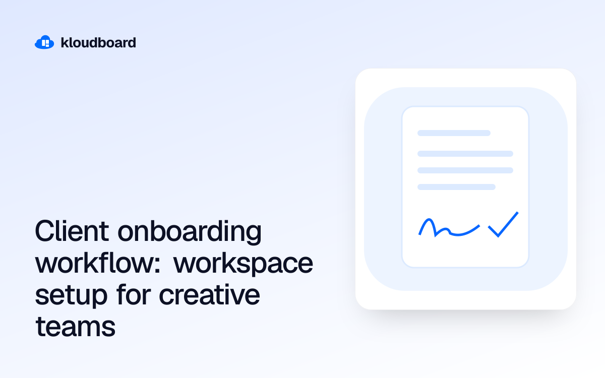 Client onboarding workflow: workspace setup for creative teams — a document with a signature and checkmark.