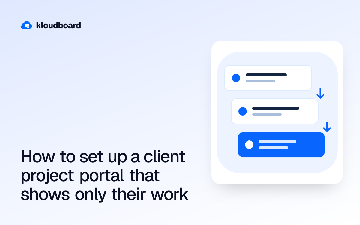 How to set up a client project portal that shows only their work — three workflow cards linked by arrows.