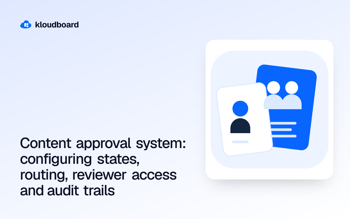 Content approval system: configuring states, routing, reviewer access and audit trails — individual and team profile cards.