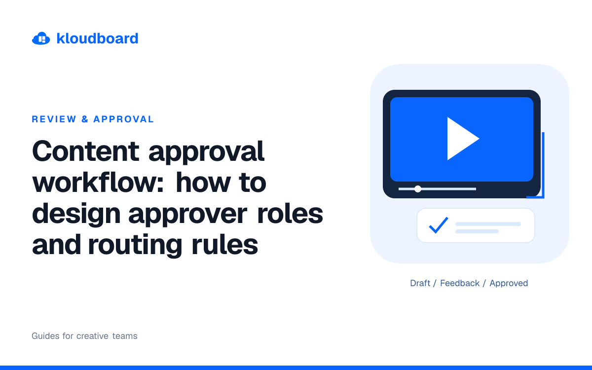 Content approval workflow: how to design approver roles and routing rules — a video player and an approval checkmark.