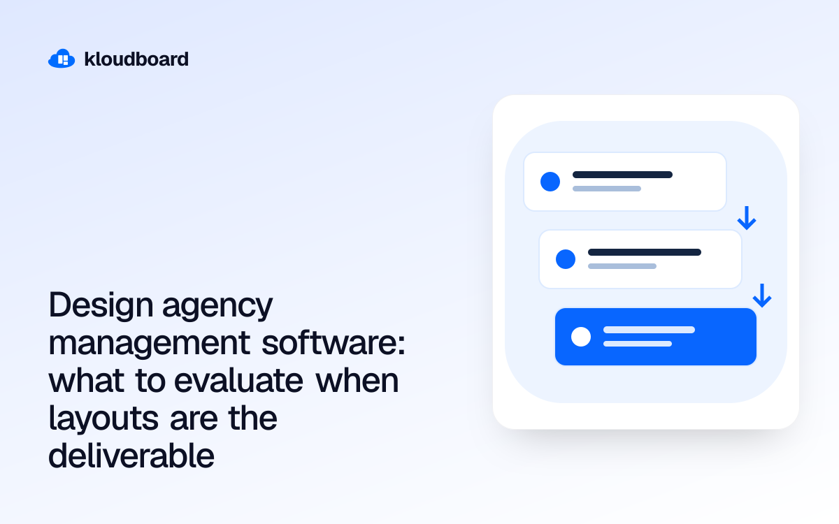 Design agency management software: what to evaluate when layouts are the deliverable — three workflow cards linked by arrows.