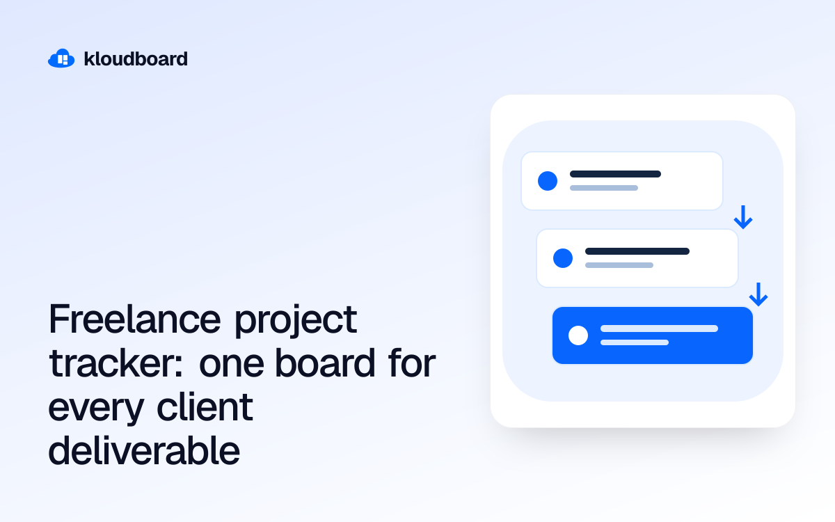 Freelance project tracker: one board for every client deliverable — three workflow cards linked by arrows.