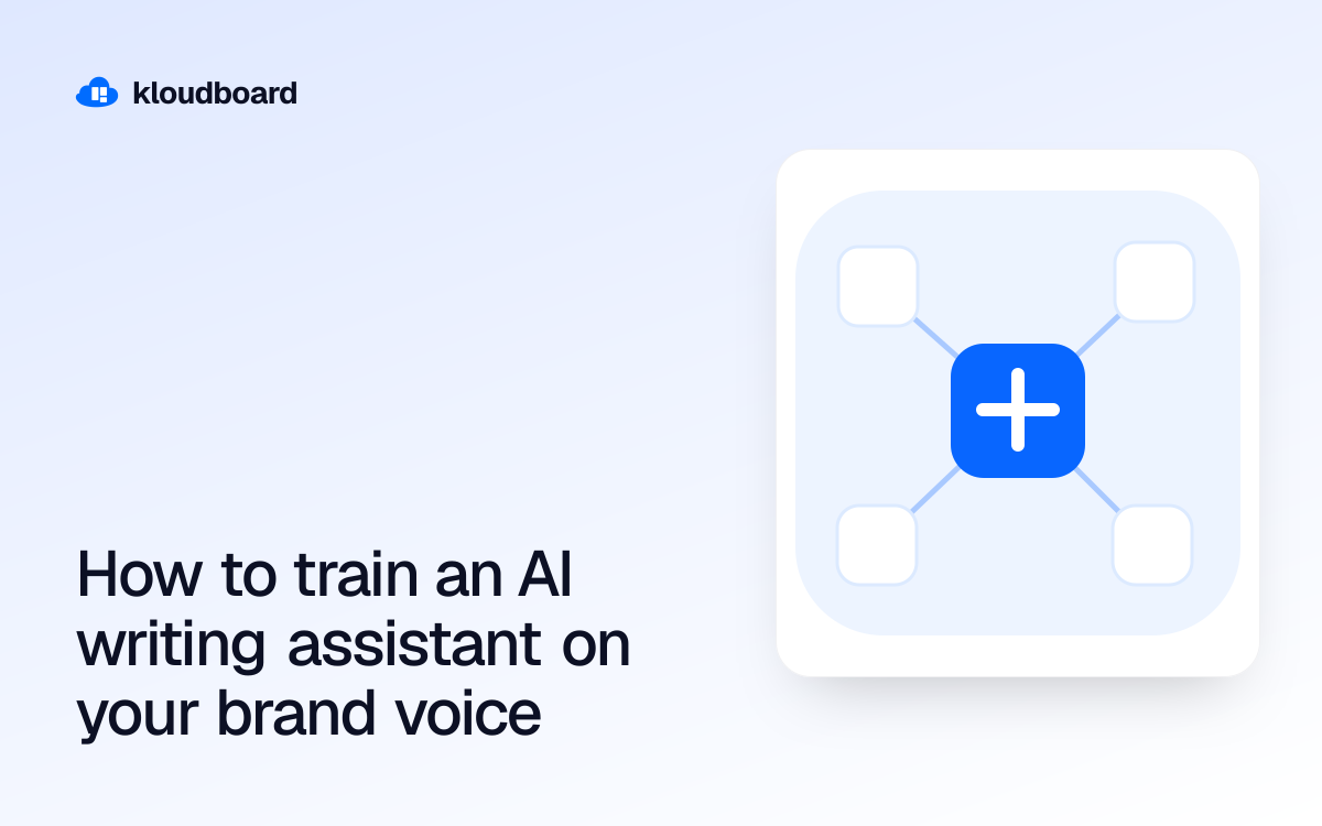 How to train an AI writing assistant on your brand voice — a central hub connected to four cards.