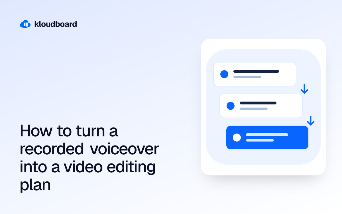 How to turn a recorded voiceover into a video editing plan — three workflow cards linked by arrows.